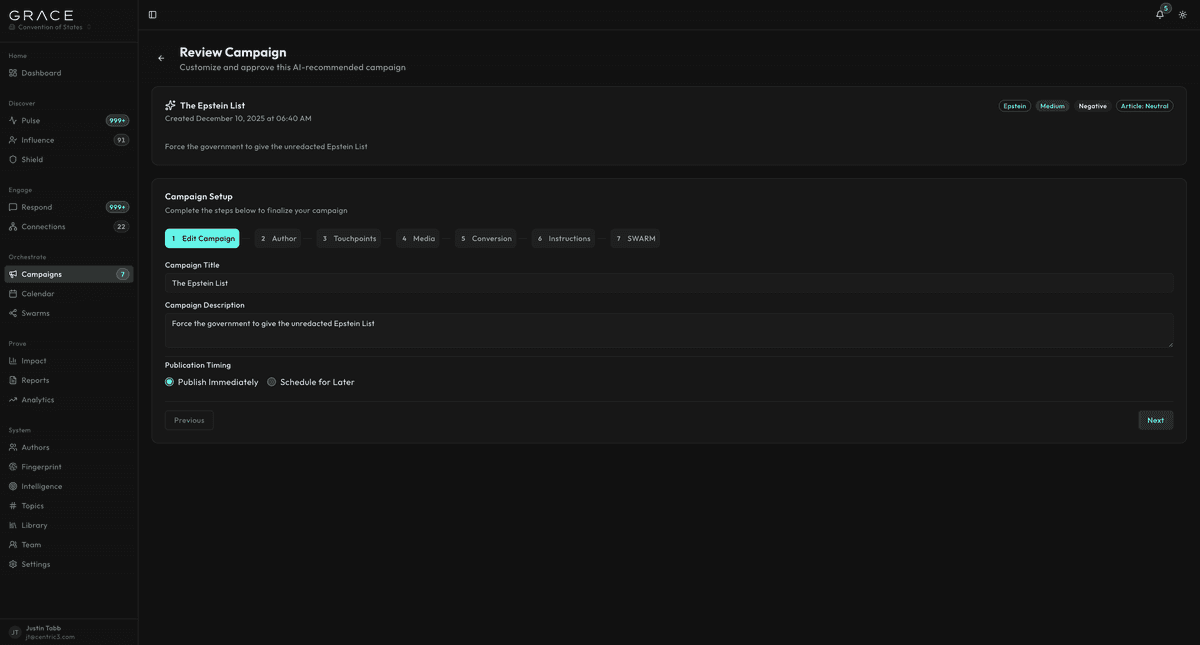 Campaign detail view showing the review and edit workflow