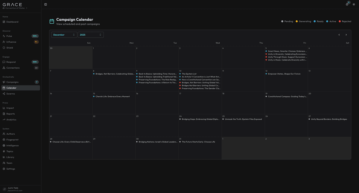 Calendar month view showing campaigns with color-coded status indicators