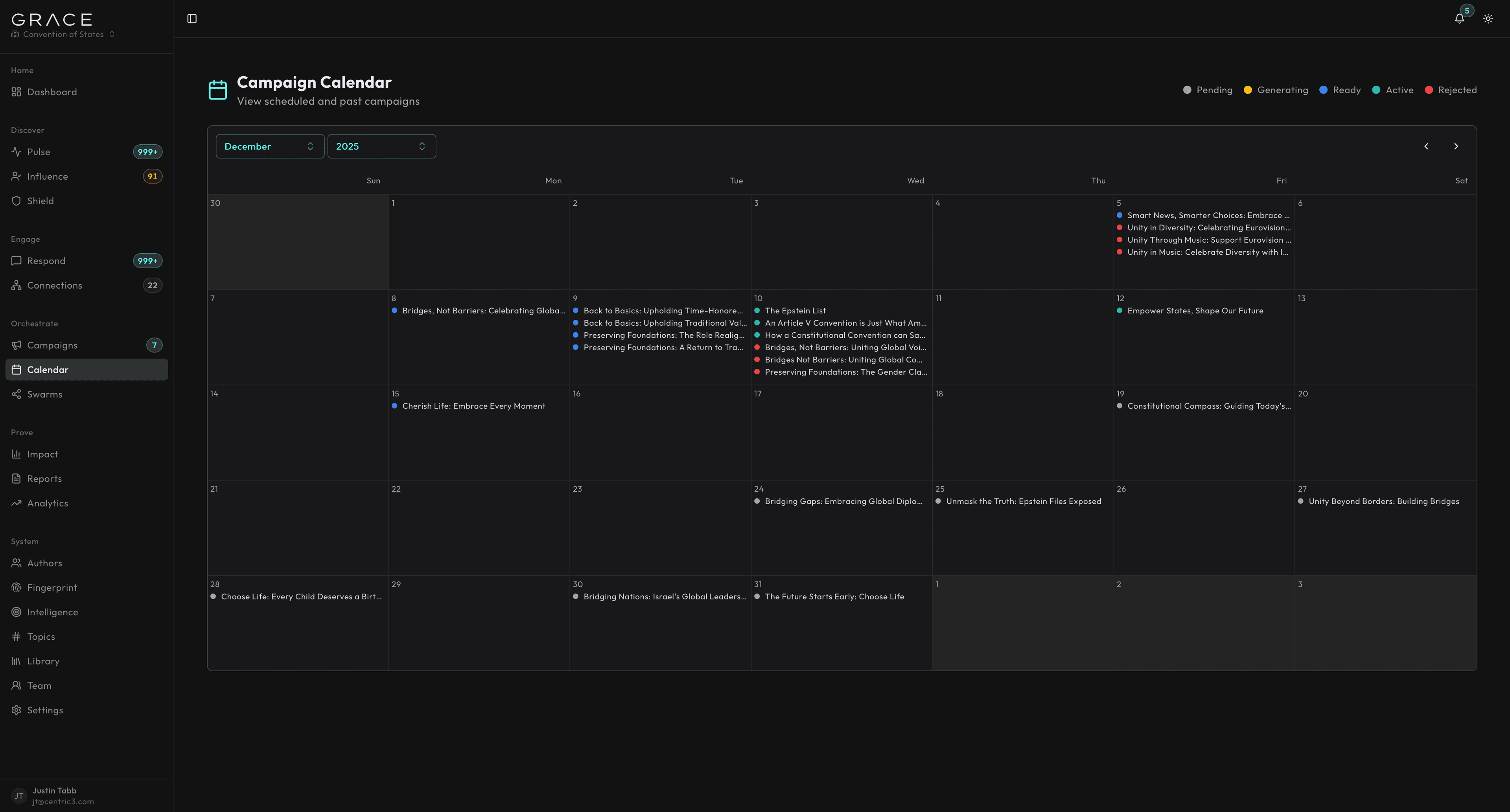 GraceAI Content Calendar showing campaign pipeline across a month view