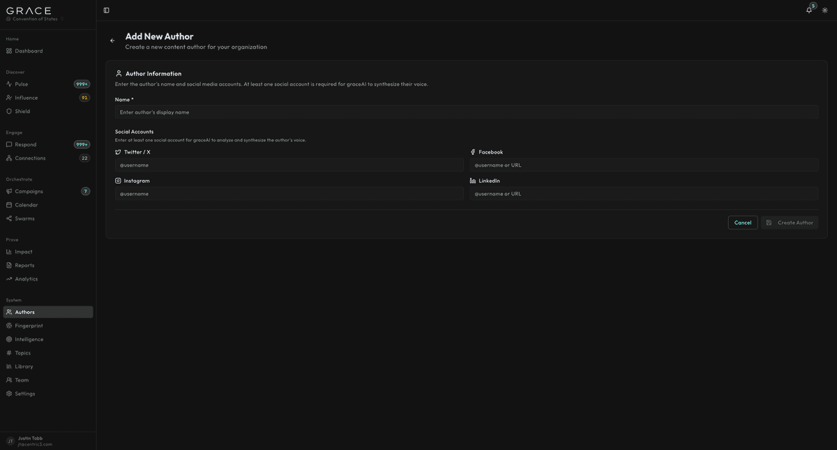 Add new author form with social account inputs