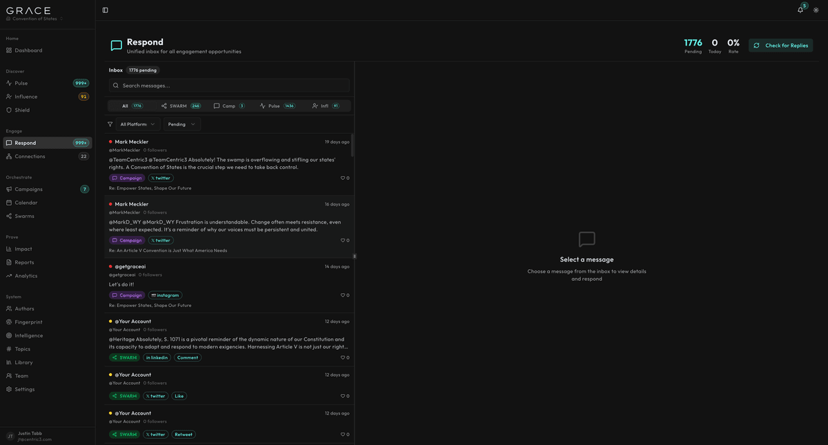 Respond inbox showing author-attributed messages