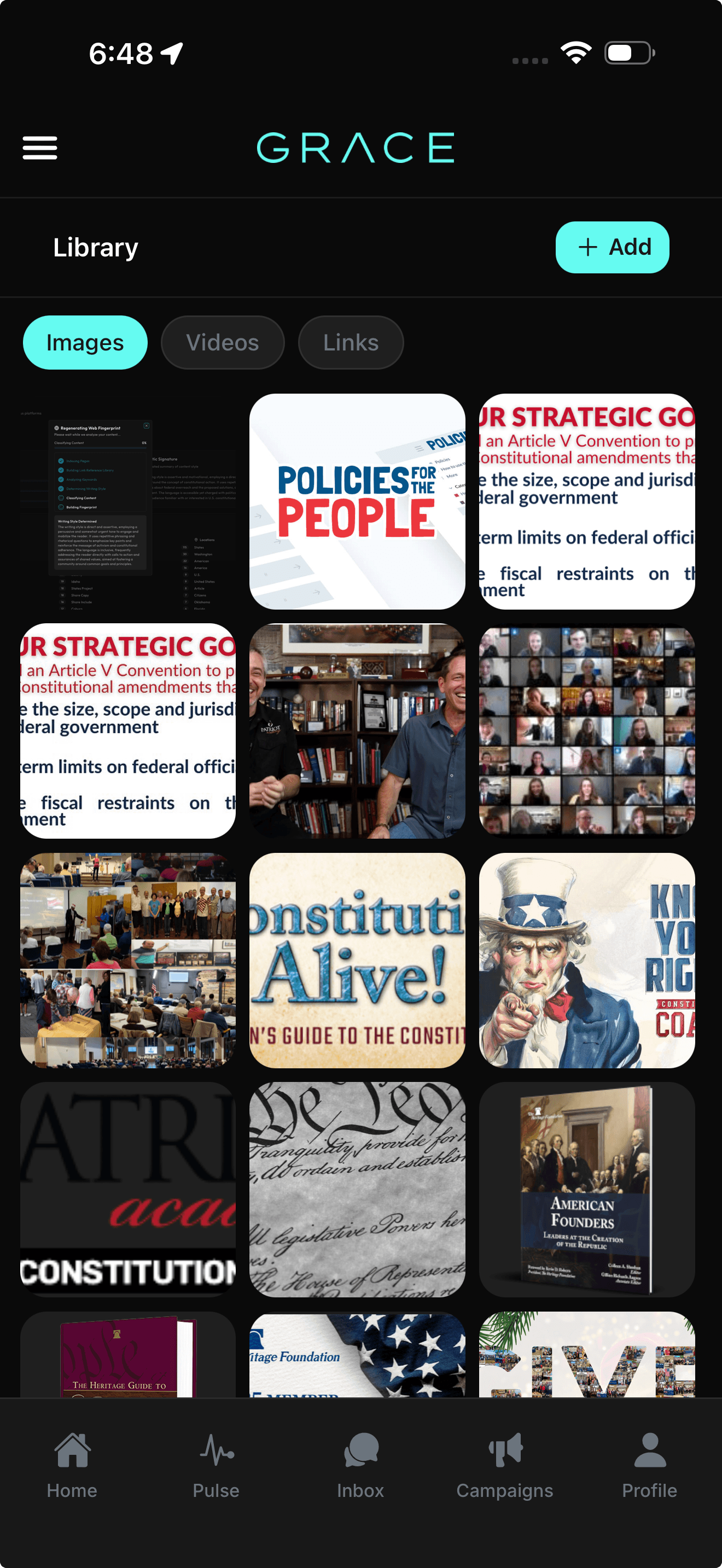 GraceAI Asset Library grid showing images, videos, and tracked links