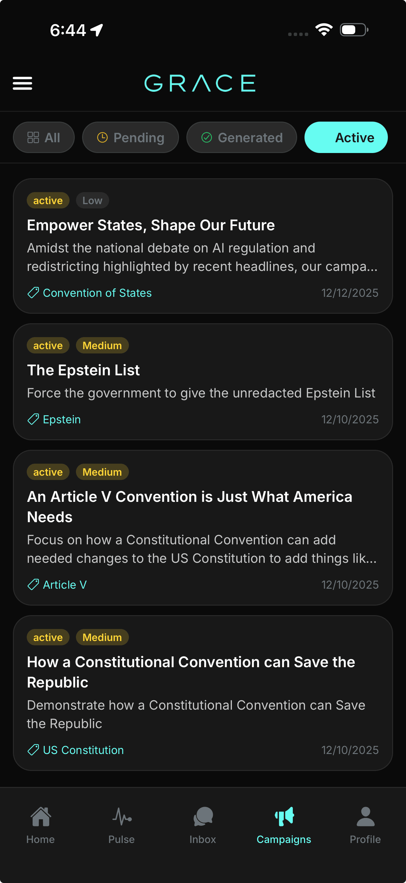 GraceAI Campaigns list showing campaign status tabs and quick actions