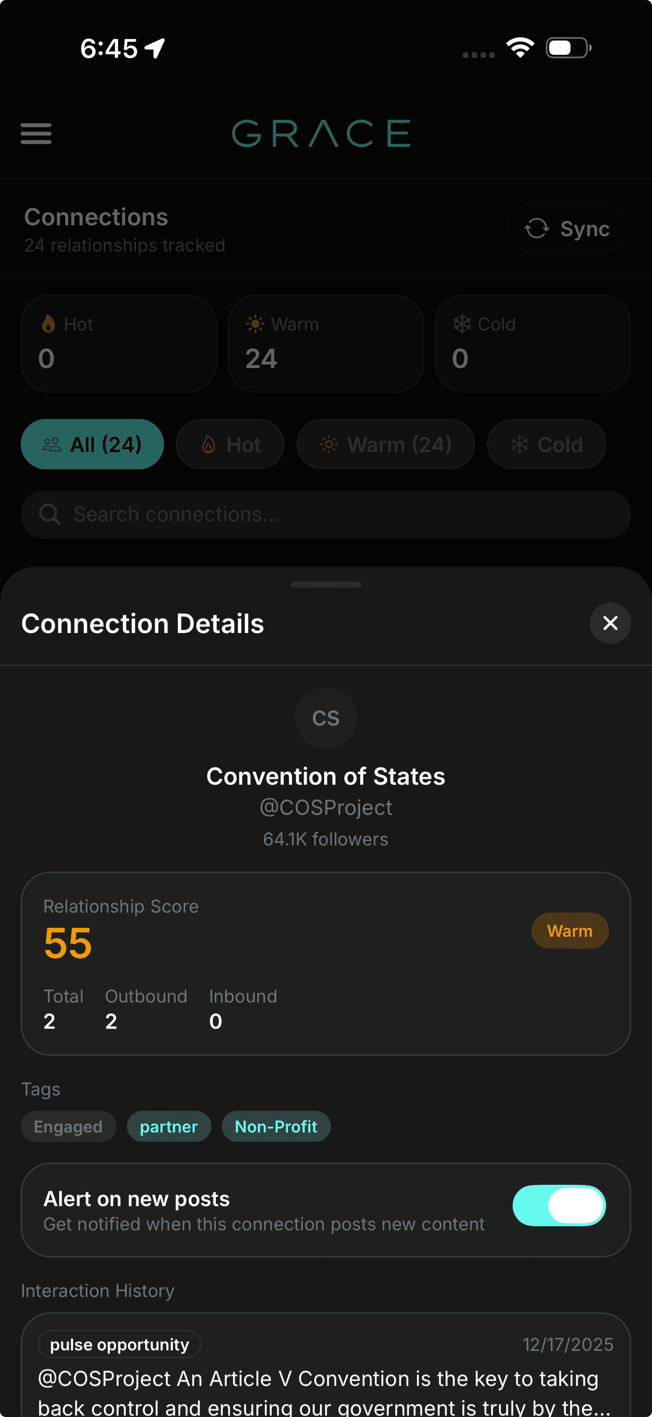 GraceAI Connections list showing relationship tracking and connection details