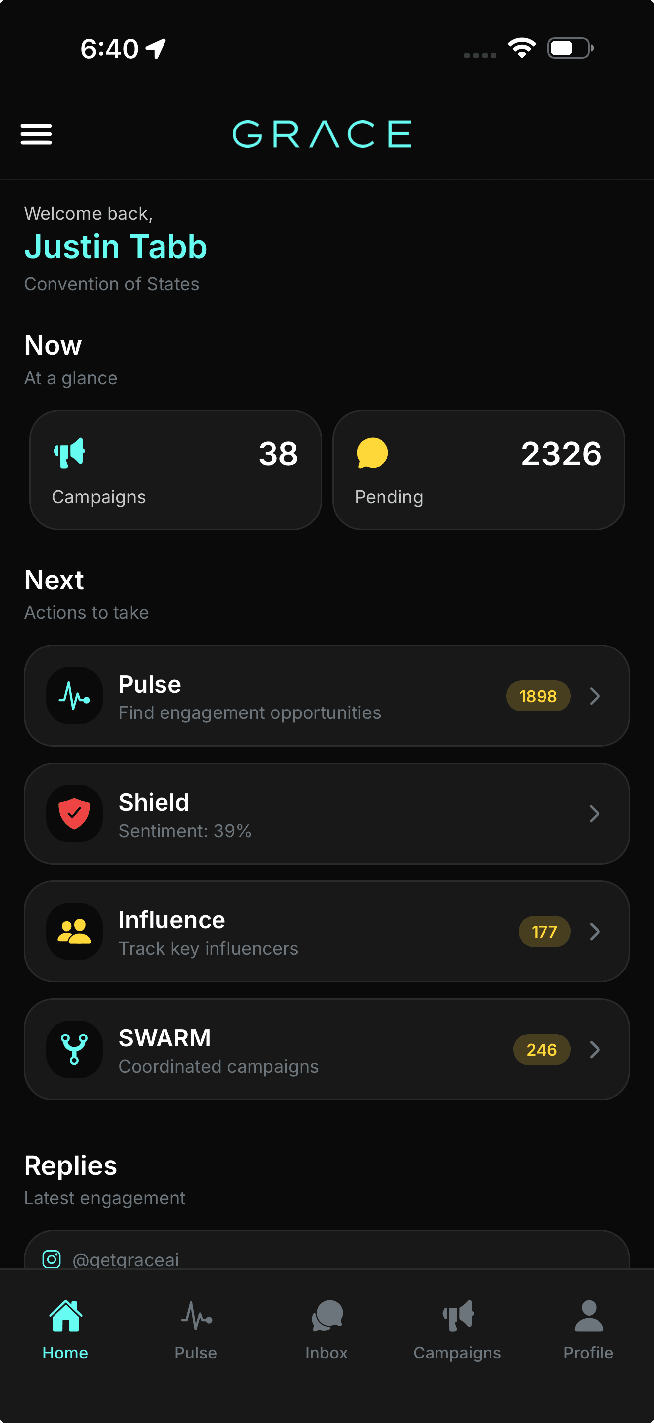 GraceAI mobile dashboard showing campaign activity and quick access to core features