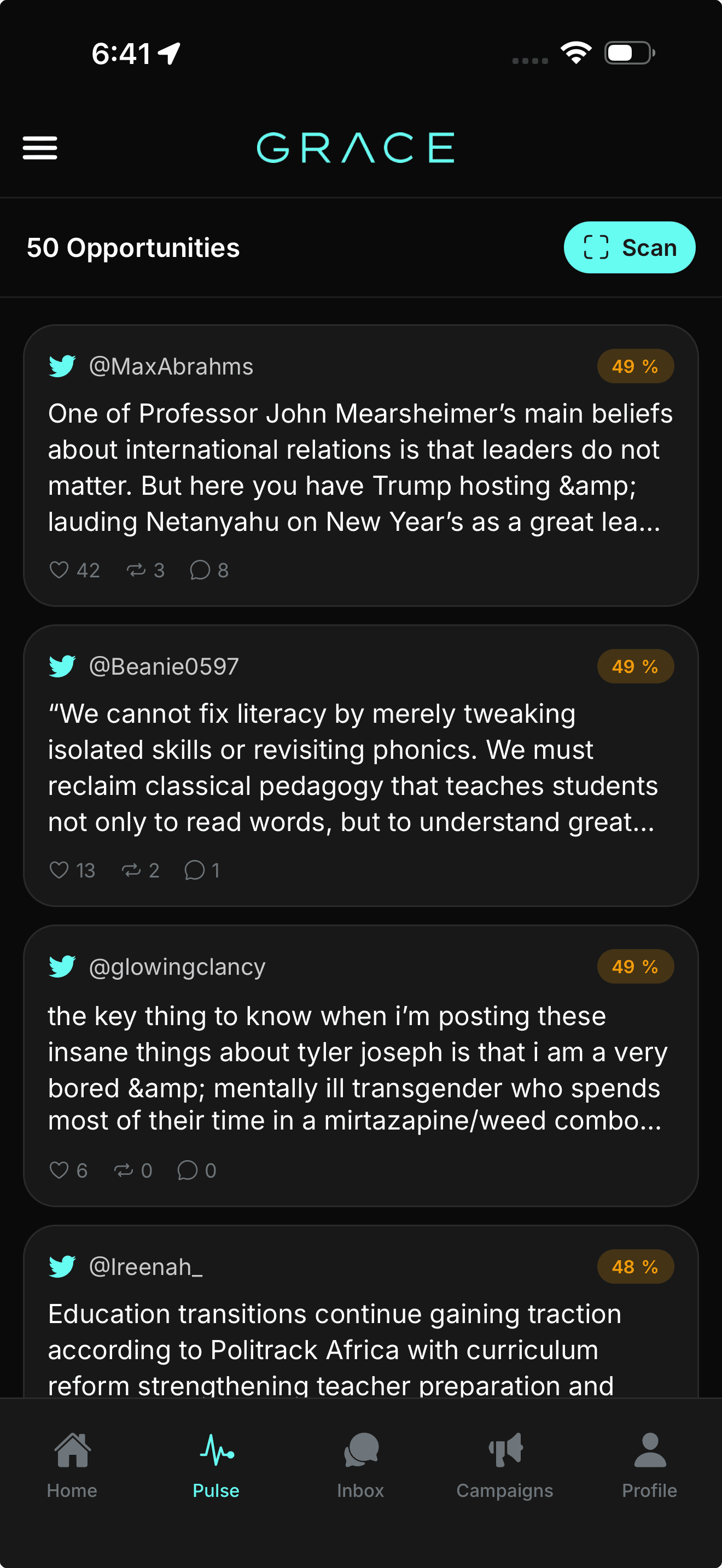 GraceAI Pulse showing opportunity list with relevance scores and scan CTA